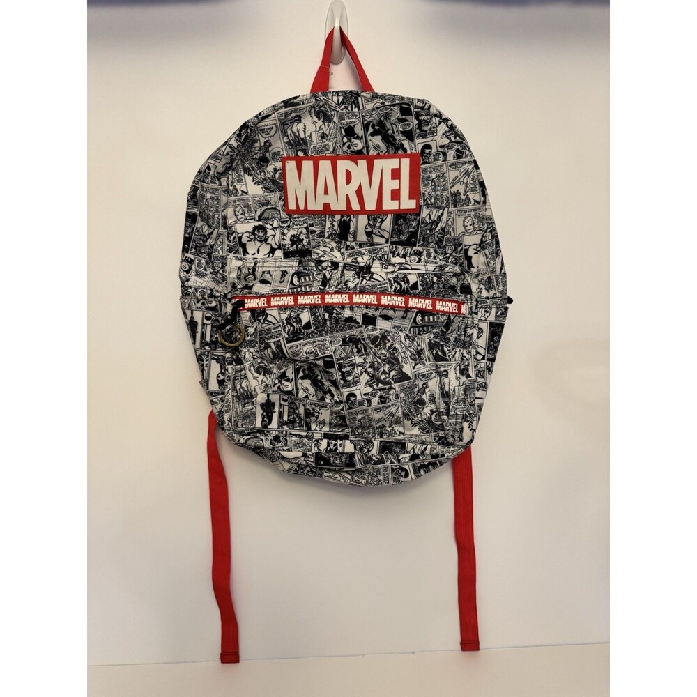 Marvel comic book pattern backpack -white&blk With Red Trim
